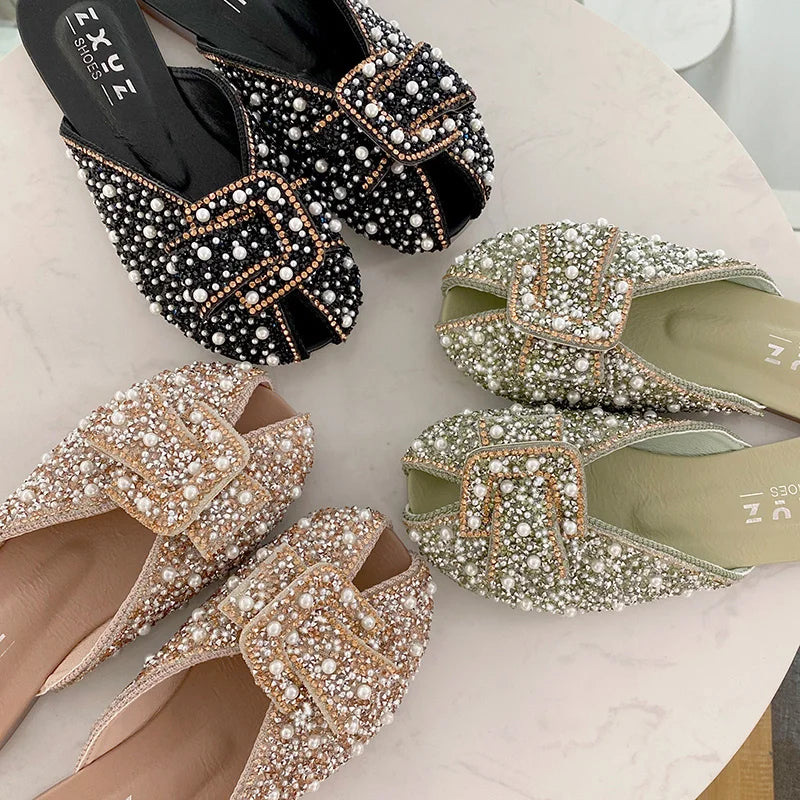 For Women 2023 Loafers Glitter Slides Ladies' Slippers Peep Toe Flat Shoes Female Pantofle Fashion Jelly New Luxury