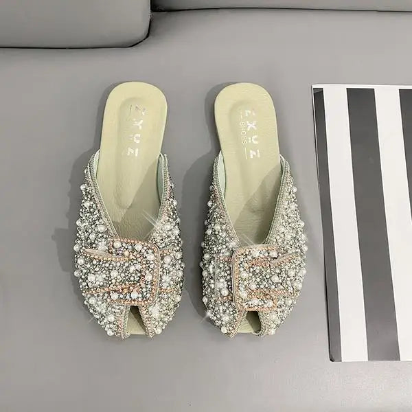For Women 2023 Loafers Glitter Slides Ladies' Slippers Peep Toe Flat Shoes Female Pantofle Fashion Jelly New Luxury