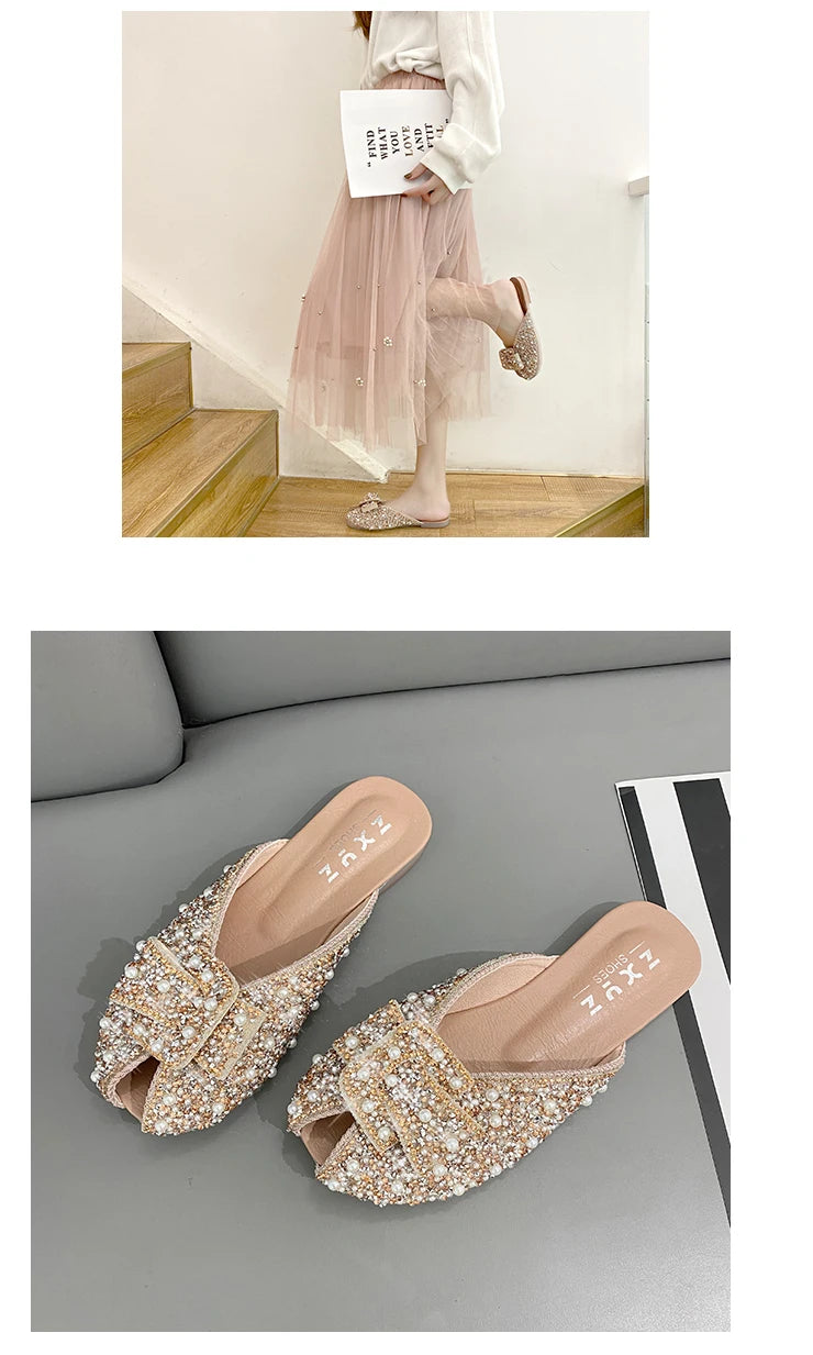 For Women 2023 Loafers Glitter Slides Ladies' Slippers Peep Toe Flat Shoes Female Pantofle Fashion Jelly New Luxury