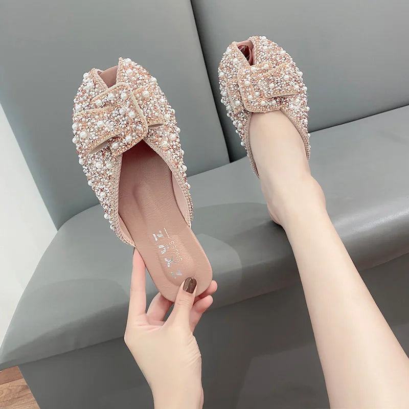 For Women 2023 Loafers Glitter Slides Ladies' Slippers Peep Toe Flat Shoes Female Pantofle Fashion Jelly New Luxury