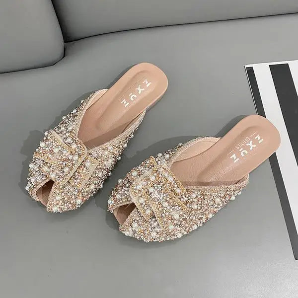 For Women 2023 Loafers Glitter Slides Ladies' Slippers Peep Toe Flat Shoes Female Pantofle Fashion Jelly New Luxury