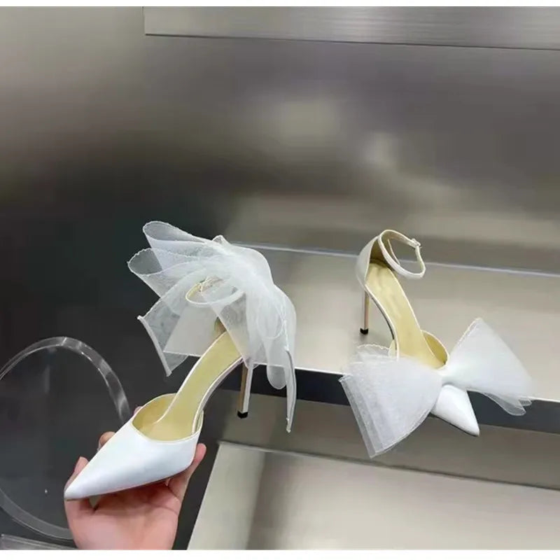 Brand Fashion bowknot Women Pumps Luxury Satin Thin High heels Party Prom Sandals Spring Summer Female Wedding Bridal Shoes