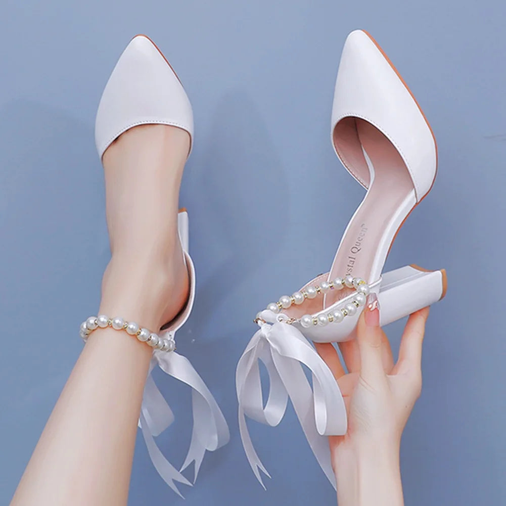 Women's New Luxury Pearl Rhinestone Wedding Party Thick High-heeled Hollow Pointed Single Shoes