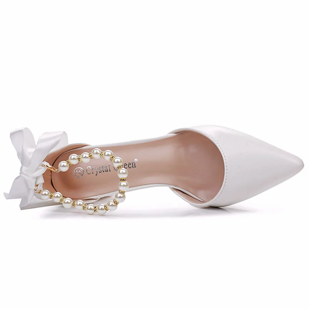 Women's New Luxury Pearl Rhinestone Wedding Party Thick High-heeled Hollow Pointed Single Shoes