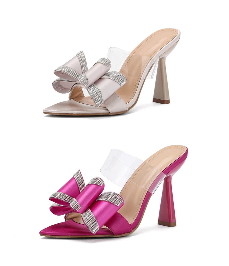 Liyke Summer Women's 10CM Thin High Heels Modern Slippers Sandals Fashion Crystal Bowknot Pointed Open Toe Party Dress Shoes