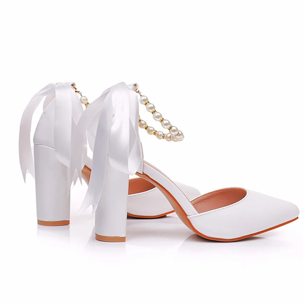 Women's New Luxury Pearl Rhinestone Wedding Party Thick High-heeled Hollow Pointed Single Shoes