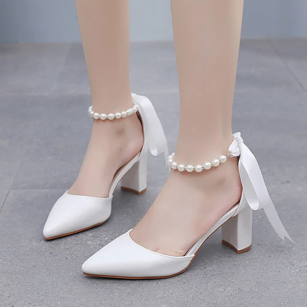 Women's New Luxury Pearl Rhinestone Wedding Party Thick High-heeled Hollow Pointed Single Shoes
