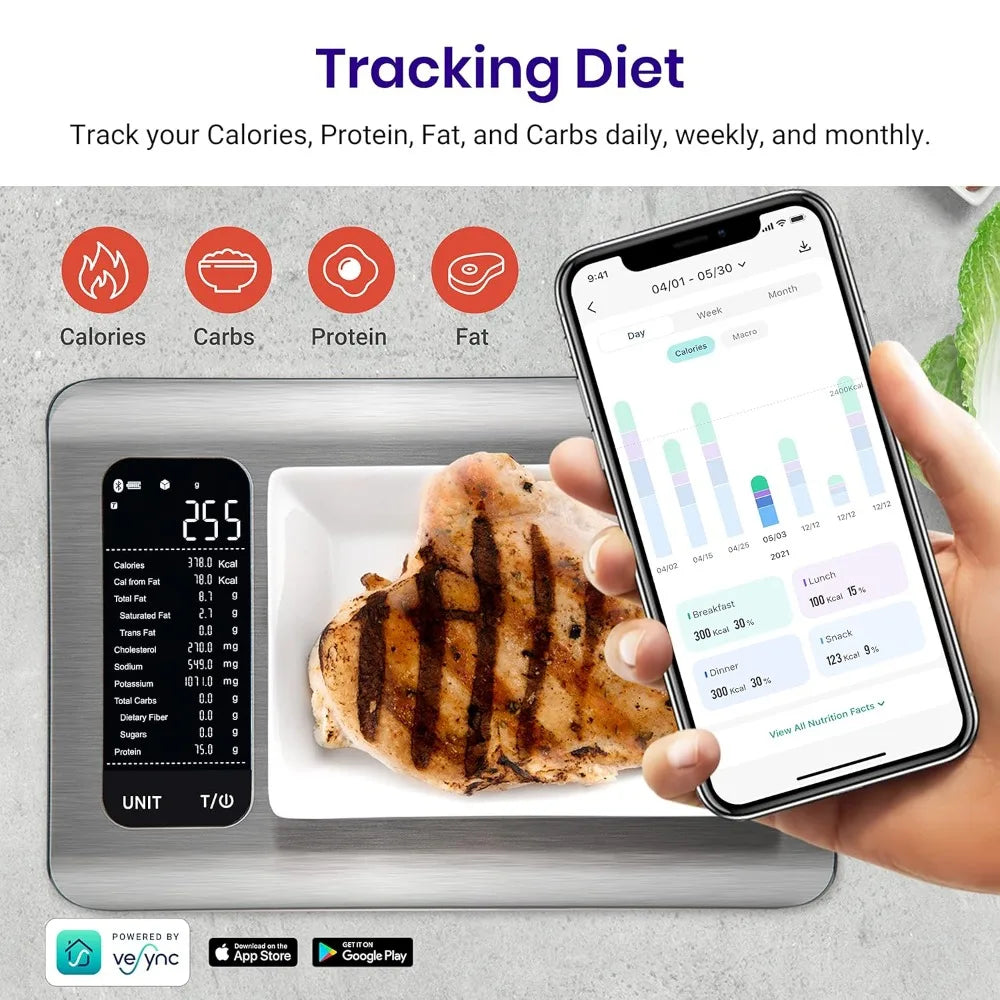 Food Kitchen Scale, Digital Grams and Ounces for Weight Loss With Smart Nutrition App, 19 Facts Tracking, Baking, Cooking