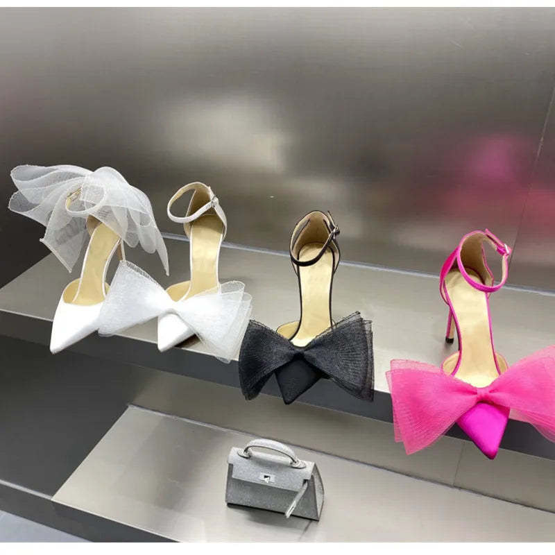 Brand Fashion bowknot Women Pumps Luxury Satin Thin High heels Party Prom Sandals Spring Summer Female Wedding Bridal Shoes