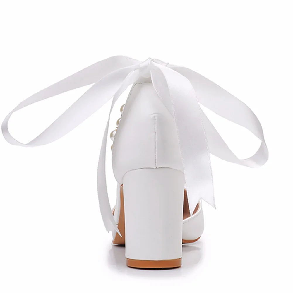 Women's New Luxury Pearl Rhinestone Wedding Party Thick High-heeled Hollow Pointed Single Shoes
