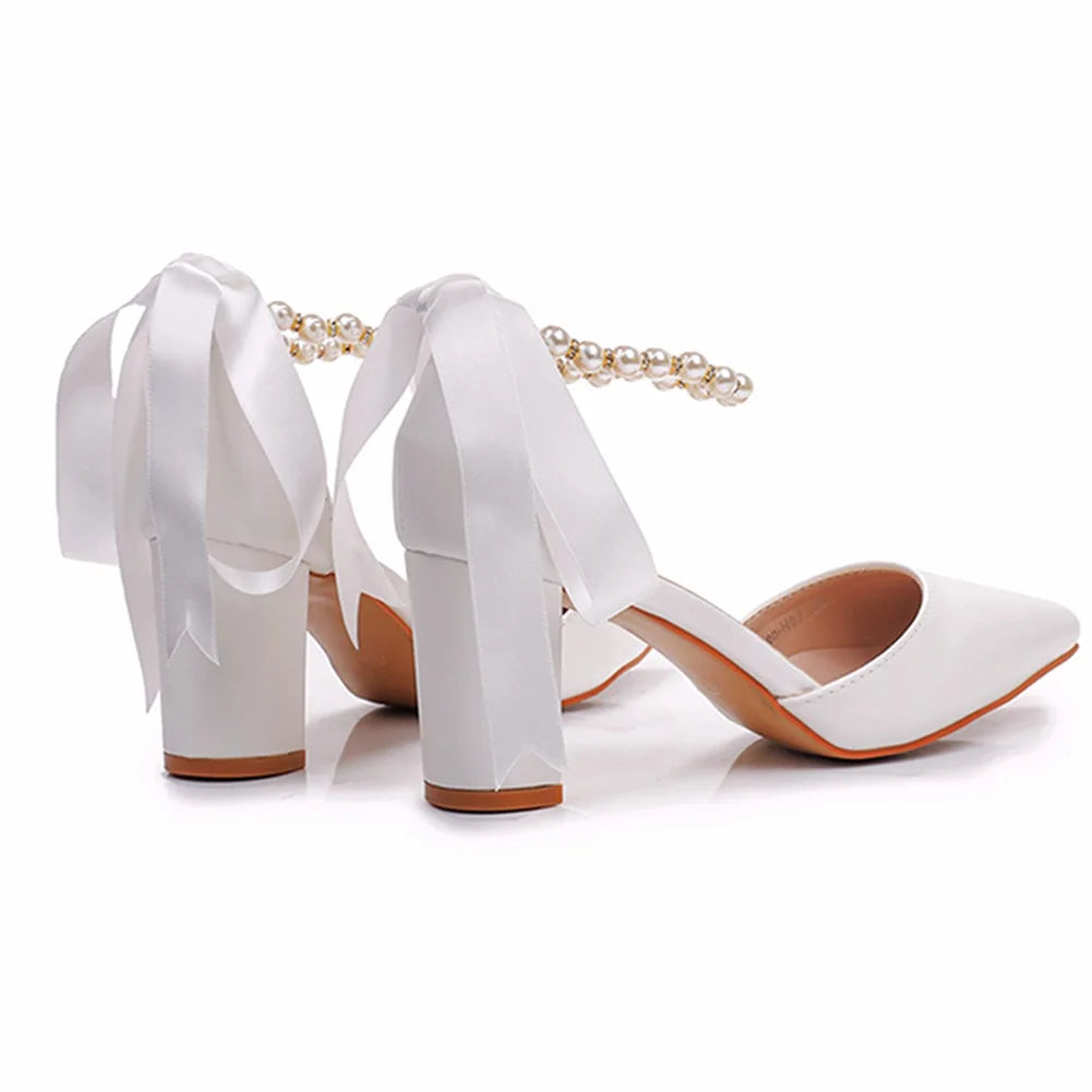 Women's New Luxury Pearl Rhinestone Wedding Party Thick High-heeled Hollow Pointed Single Shoes