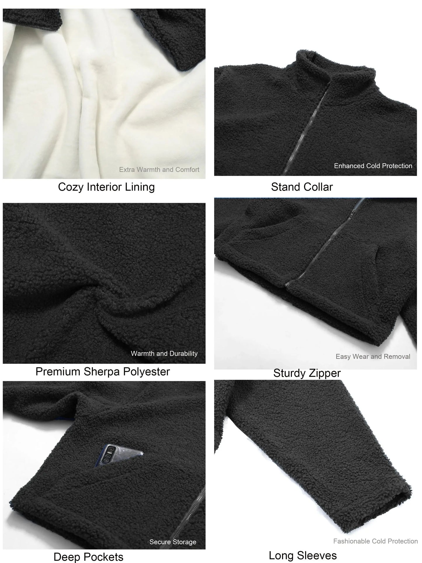 Women's Sherpa Cropped Jacket Stand Collar Full Zip Long Sleeve Short Fleece Coat With Pockets Autumn Winter Black Tan Beige