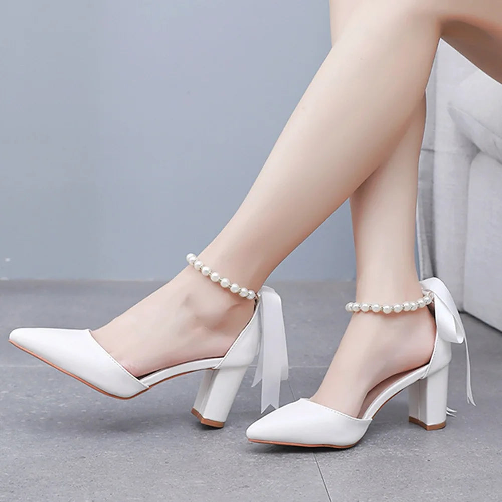 Women's New Luxury Pearl Rhinestone Wedding Party Thick High-heeled Hollow Pointed Single Shoes