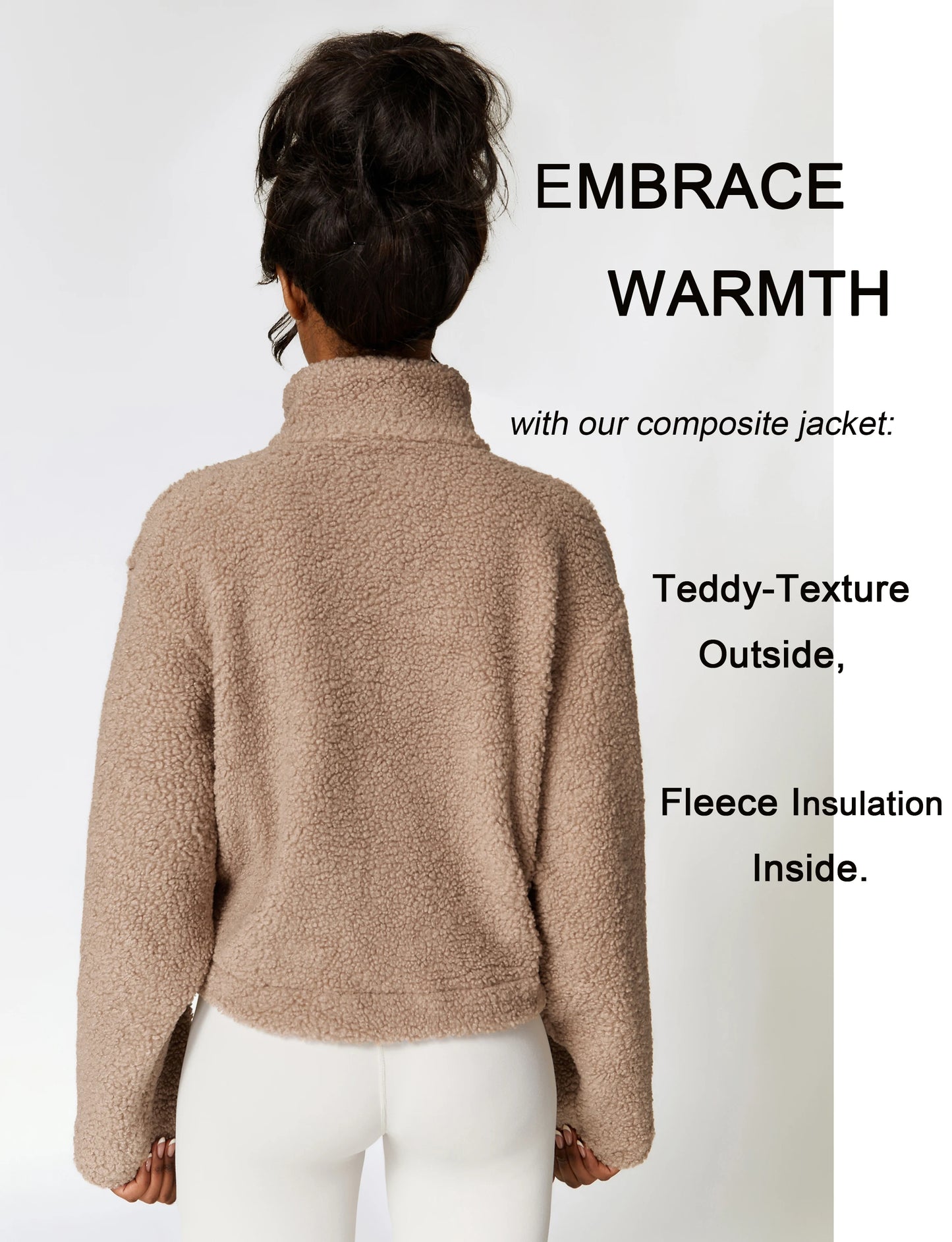 Women's Sherpa Cropped Jacket Stand Collar Full Zip Long Sleeve Short Fleece Coat With Pockets Autumn Winter Black Tan Beige