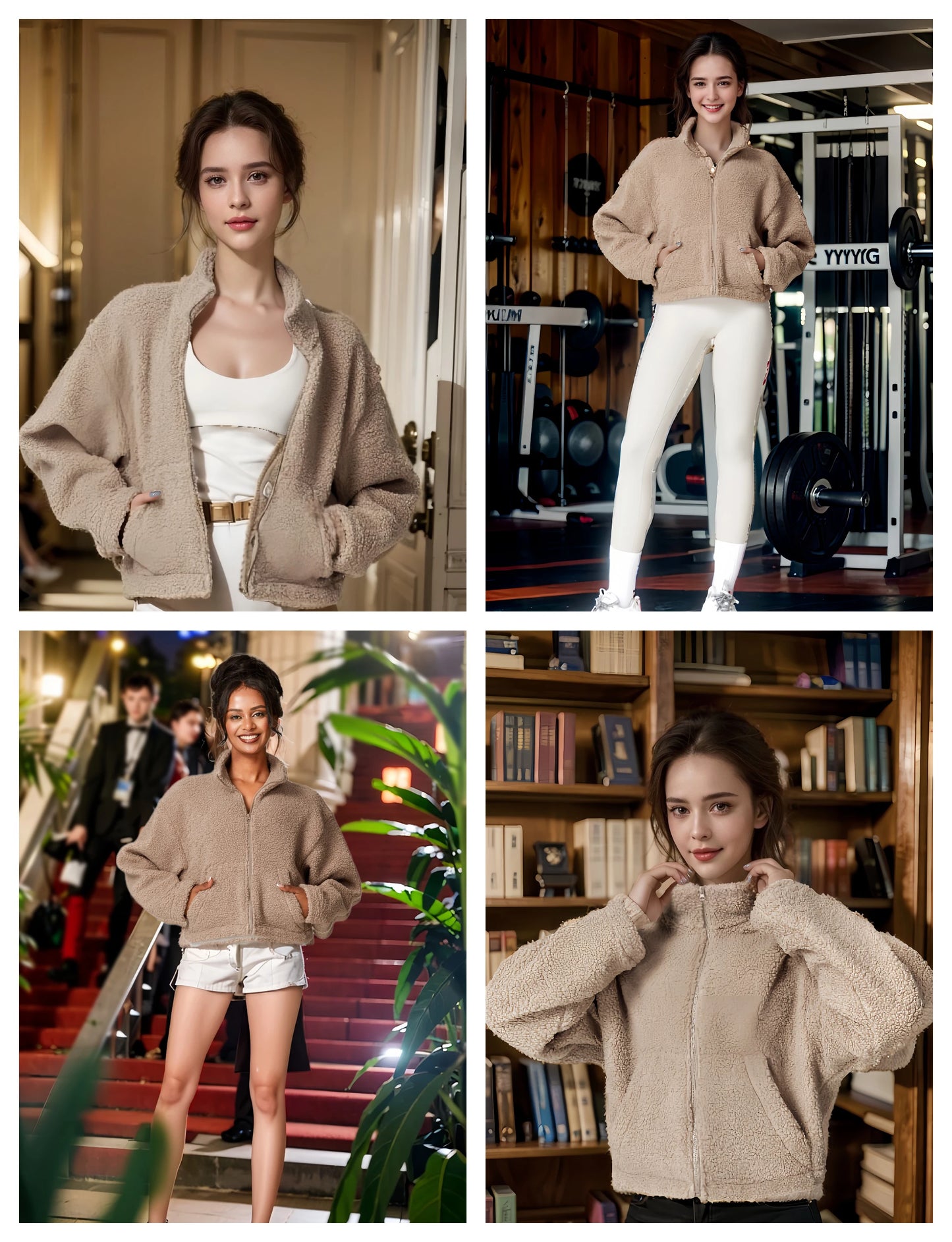 Women's Sherpa Cropped Jacket Stand Collar Full Zip Long Sleeve Short Fleece Coat With Pockets Autumn Winter Black Tan Beige