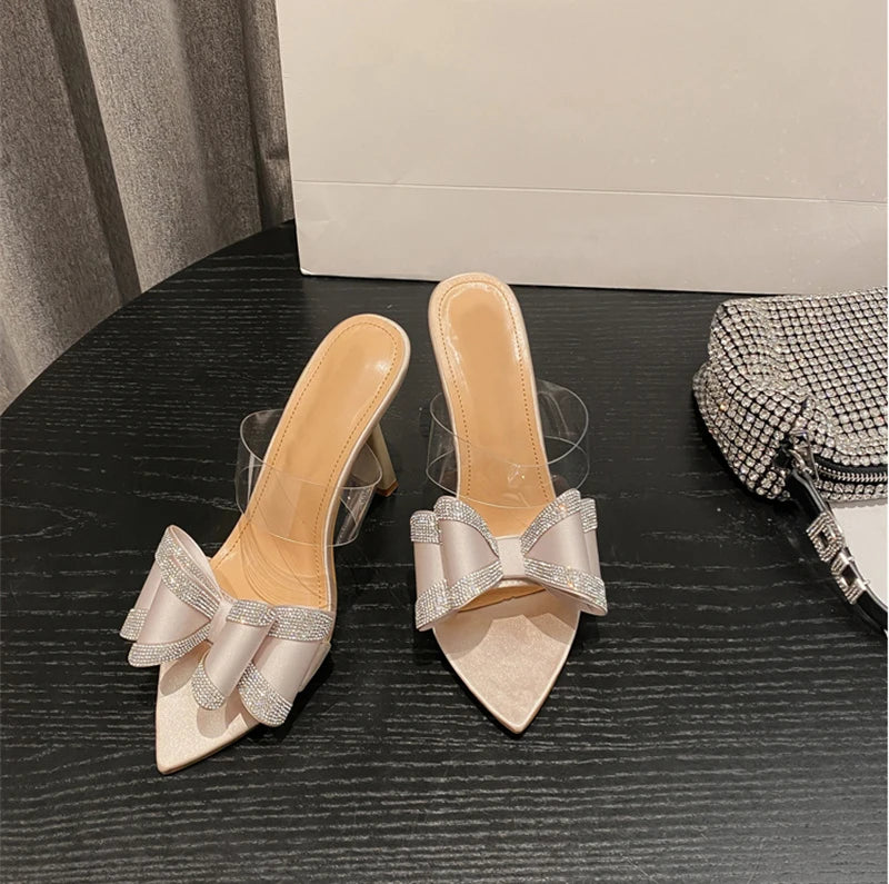 Liyke Summer Women's 10CM Thin High Heels Modern Slippers Sandals Fashion Crystal Bowknot Pointed Open Toe Party Dress Shoes