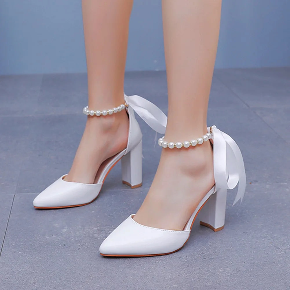 Women's New Luxury Pearl Rhinestone Wedding Party Thick High-heeled Hollow Pointed Single Shoes