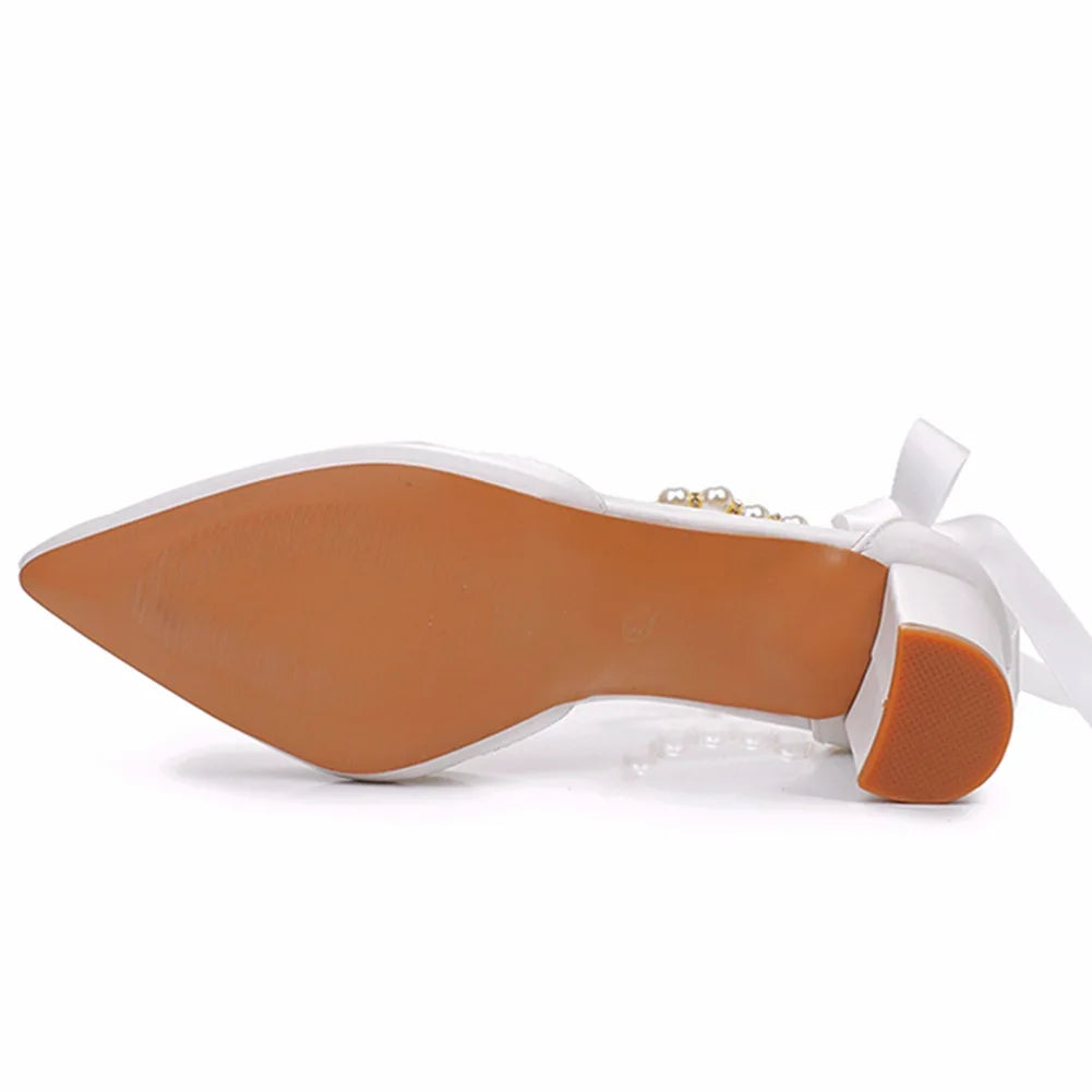 Women's New Luxury Pearl Rhinestone Wedding Party Thick High-heeled Hollow Pointed Single Shoes