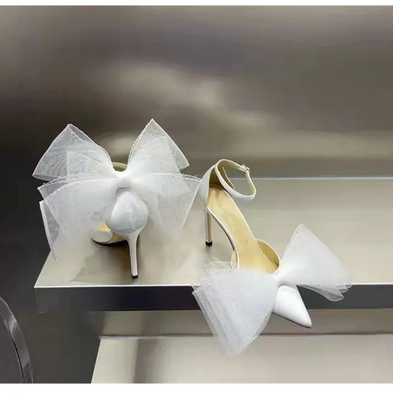 Brand Fashion bowknot Women Pumps Luxury Satin Thin High heels Party Prom Sandals Spring Summer Female Wedding Bridal Shoes