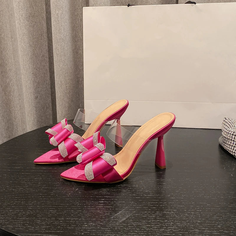 Liyke Summer Women's 10CM Thin High Heels Modern Slippers Sandals Fashion Crystal Bowknot Pointed Open Toe Party Dress Shoes