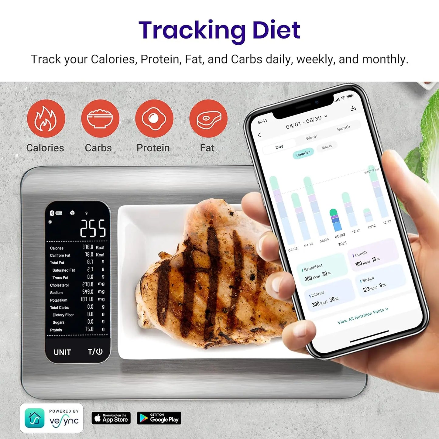 Food Kitchen Scale, Digital Grams and Ounces for Weight Loss With Smart Nutrition App, 19 Facts Tracking, Baking, Cooking