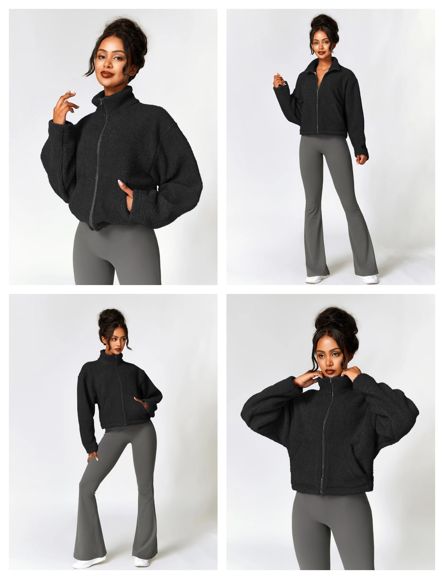 Women's Sherpa Cropped Jacket Stand Collar Full Zip Long Sleeve Short Fleece Coat With Pockets Autumn Winter Black Tan Beige