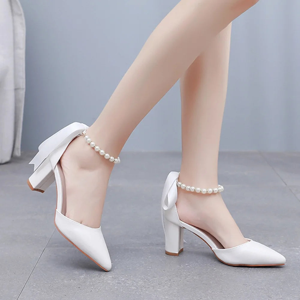 Women's New Luxury Pearl Rhinestone Wedding Party Thick High-heeled Hollow Pointed Single Shoes