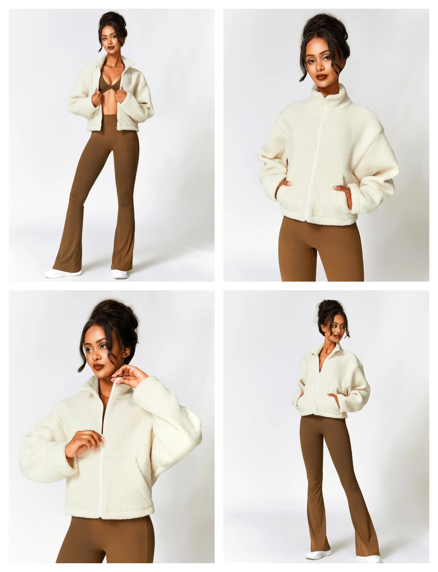Women's Sherpa Cropped Jacket Stand Collar Full Zip Long Sleeve Short Fleece Coat With Pockets Autumn Winter Black Tan Beige
