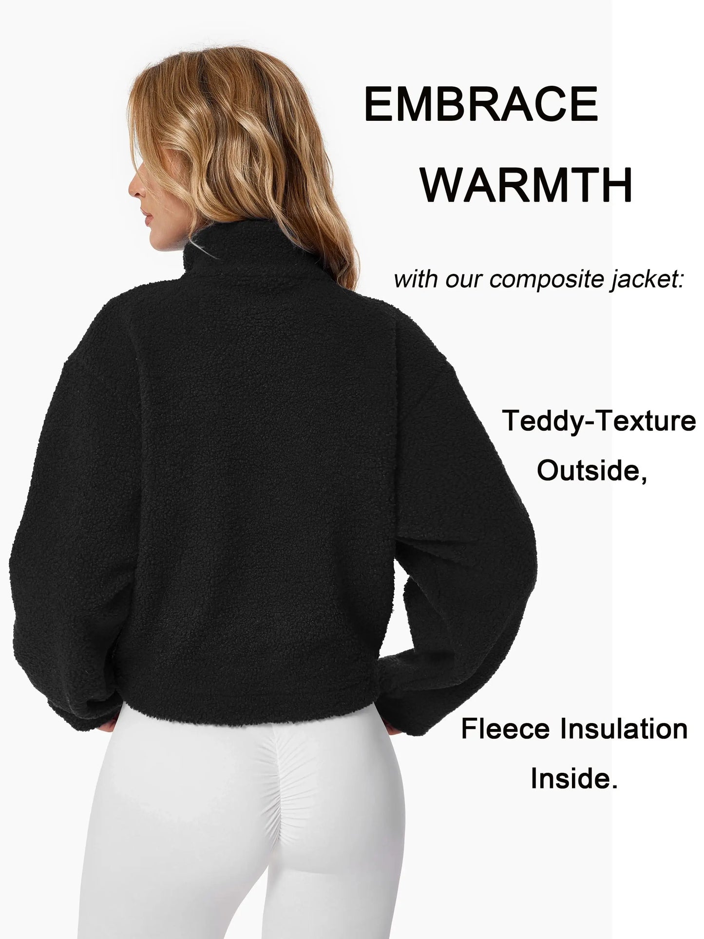 Women's Sherpa Cropped Jacket Stand Collar Full Zip Long Sleeve Short Fleece Coat With Pockets Autumn Winter Black Tan Beige