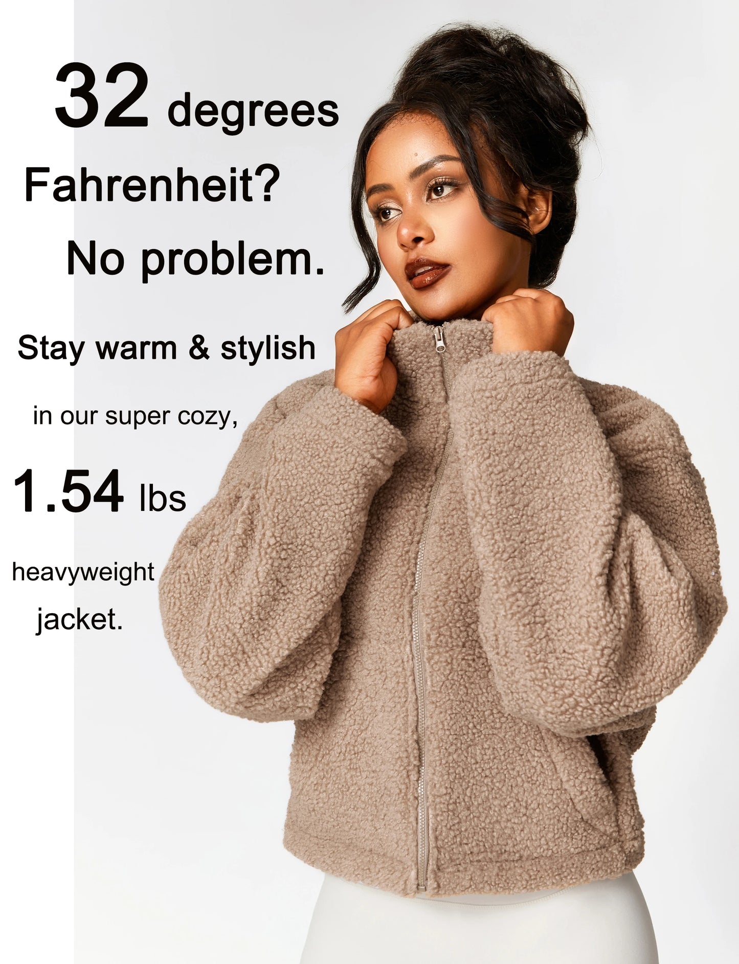 Women's Sherpa Cropped Jacket Stand Collar Full Zip Long Sleeve Short Fleece Coat With Pockets Autumn Winter Black Tan Beige