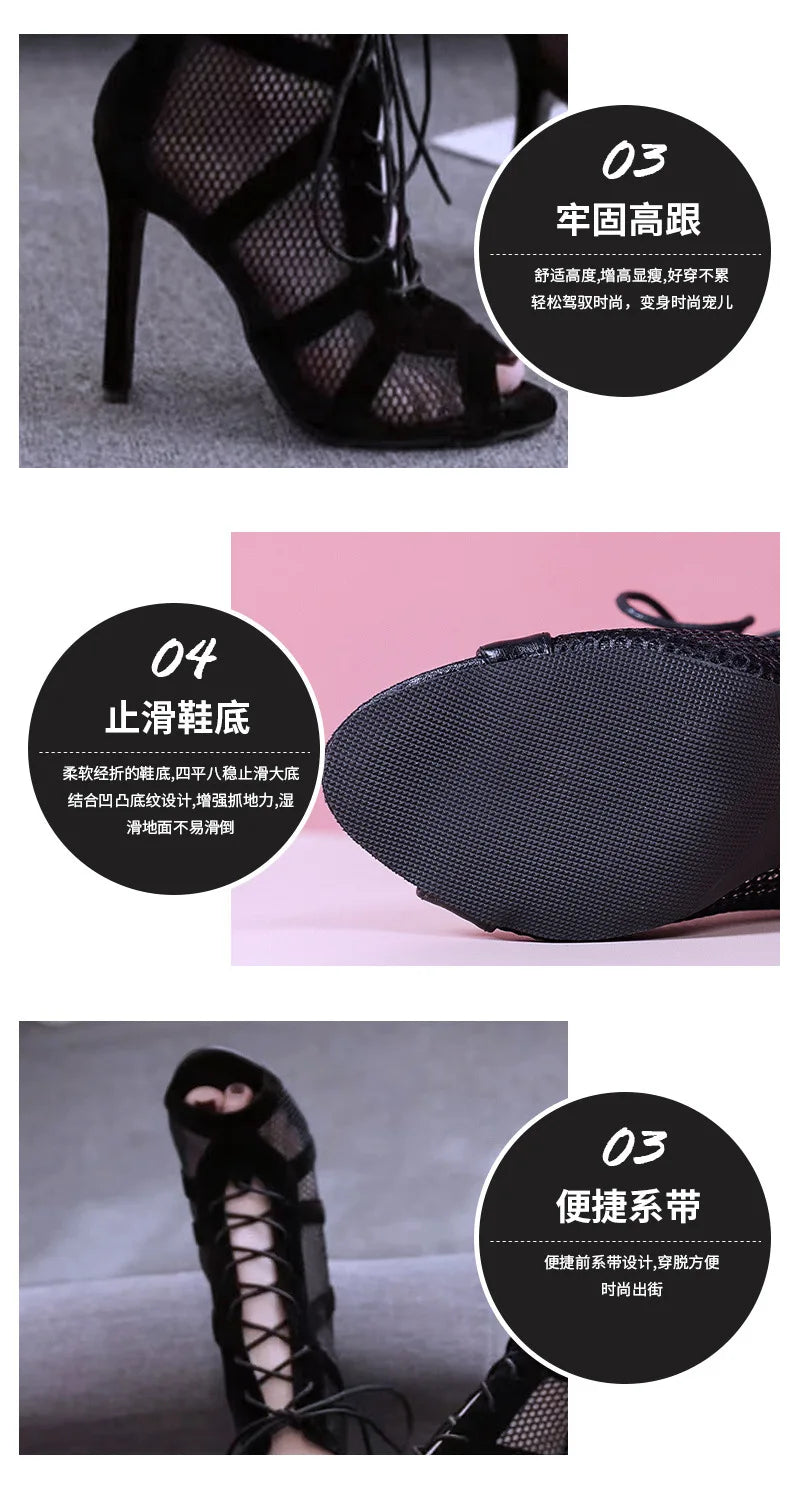 Women's Heels Sandals Summer Trend High Top Dance Shoes Black Ballroom Boots Salsa Tango Shoe Girl Fashion Party Mesh 2023