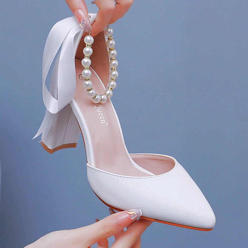 Women's New Luxury Pearl Rhinestone Wedding Party Thick High-heeled Hollow Pointed Single Shoes