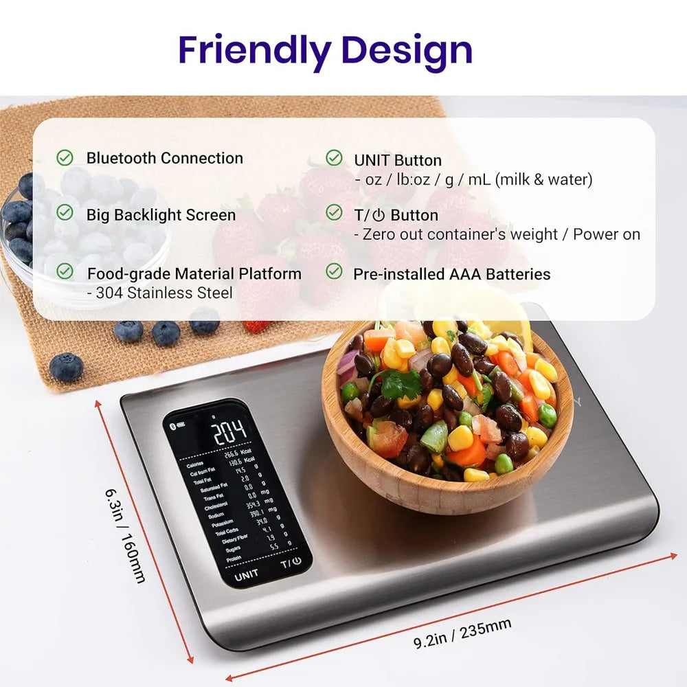 Food Kitchen Scale, Digital Grams and Ounces for Weight Loss With Smart Nutrition App, 19 Facts Tracking, Baking, Cooking