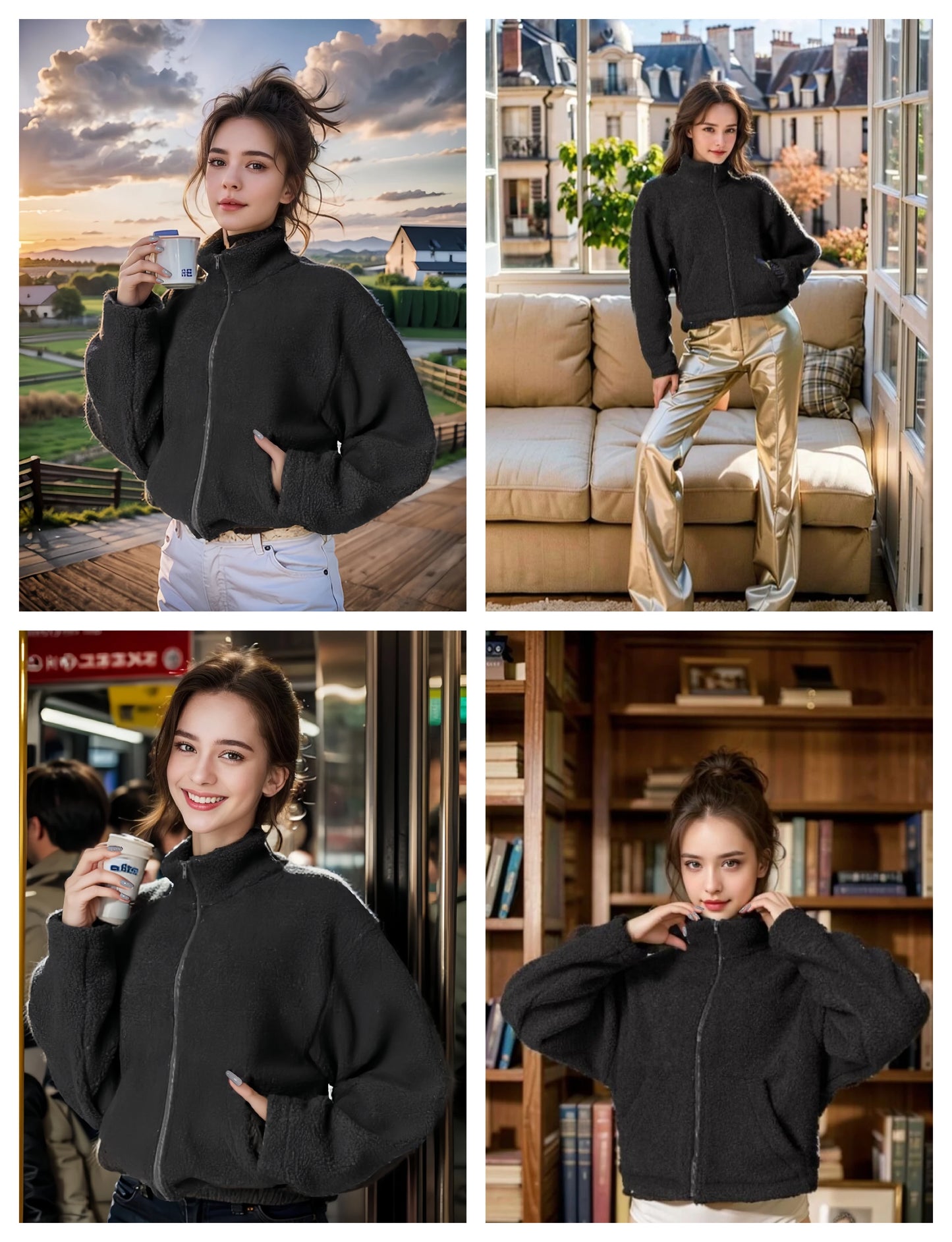 Women's Sherpa Cropped Jacket Stand Collar Full Zip Long Sleeve Short Fleece Coat With Pockets Autumn Winter Black Tan Beige