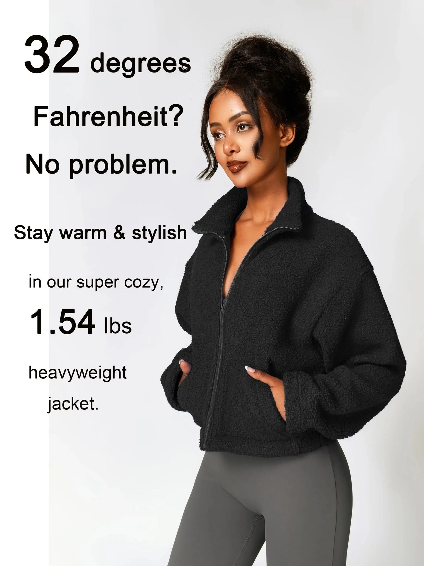 Women's Sherpa Cropped Jacket Stand Collar Full Zip Long Sleeve Short Fleece Coat With Pockets Autumn Winter Black Tan Beige
