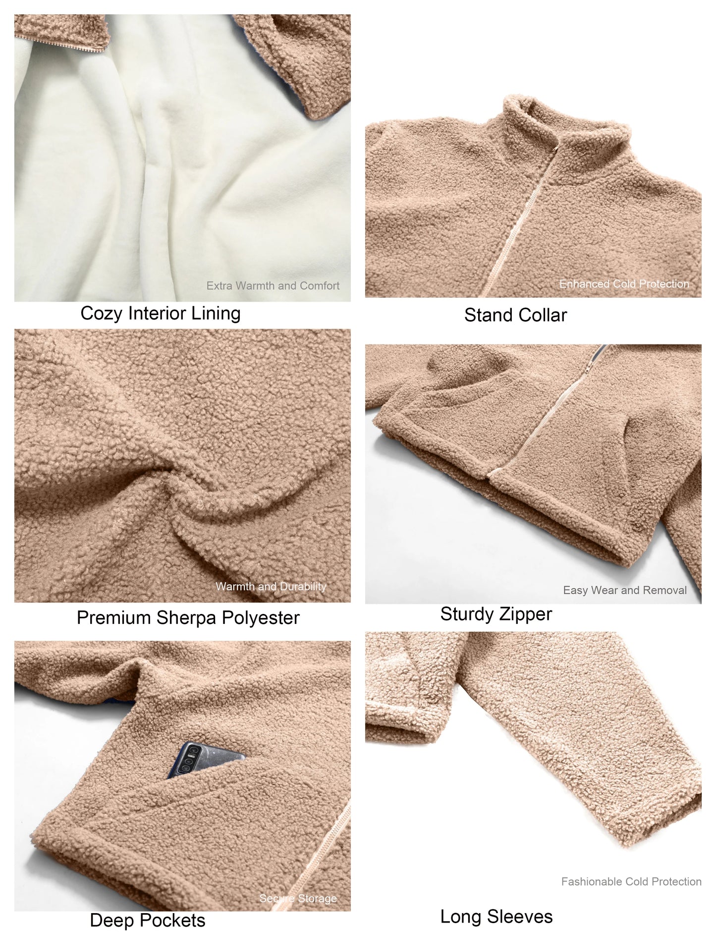 Women's Sherpa Cropped Jacket Stand Collar Full Zip Long Sleeve Short Fleece Coat With Pockets Autumn Winter Black Tan Beige