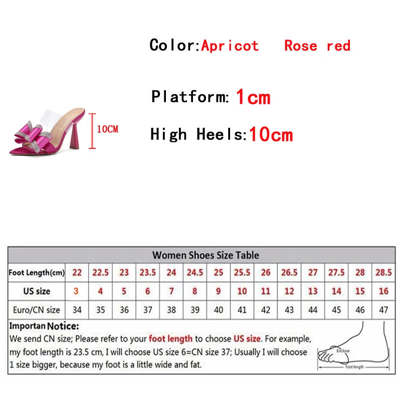 Liyke Summer Women's 10CM Thin High Heels Modern Slippers Sandals Fashion Crystal Bowknot Pointed Open Toe Party Dress Shoes