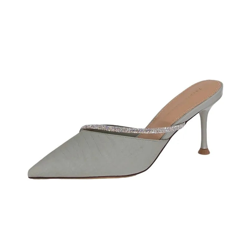 Solid Color Pointed High Heel Slippers 2023 New Style Slim Heel Slippers with Diamond Daily Casual Women's Shoes