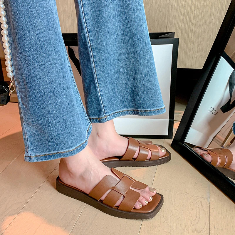 JOZHAMTA Size 34-40 Flats Slippers For Women Real Leather Low Heels Summer Shoes Woman 2023 Rome Slides Casual Platform Sandals