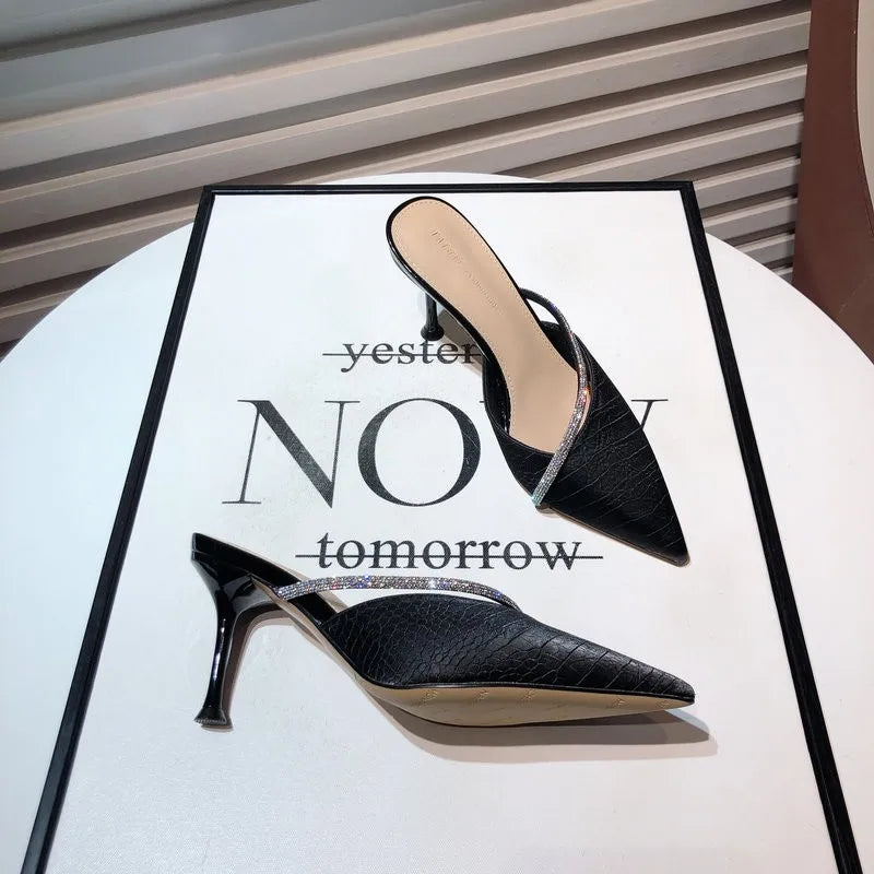 Solid Color Pointed High Heel Slippers 2023 New Style Slim Heel Slippers with Diamond Daily Casual Women's Shoes