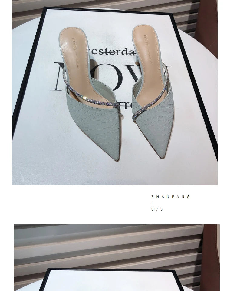 Solid Color Pointed High Heel Slippers 2023 New Style Slim Heel Slippers with Diamond Daily Casual Women's Shoes