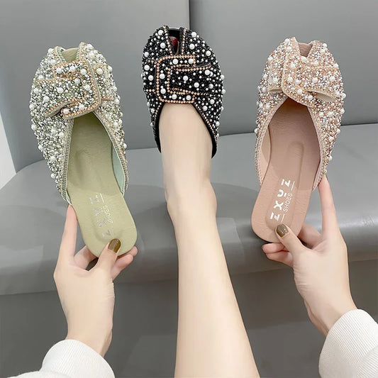 For Women 2023 Loafers Glitter Slides Ladies' Slippers Peep Toe Flat Shoes Female Pantofle Fashion Jelly New Luxury