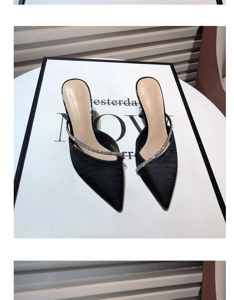 Solid Color Pointed High Heel Slippers 2023 New Style Slim Heel Slippers with Diamond Daily Casual Women's Shoes