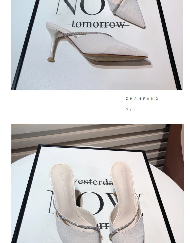 Solid Color Pointed High Heel Slippers 2023 New Style Slim Heel Slippers with Diamond Daily Casual Women's Shoes