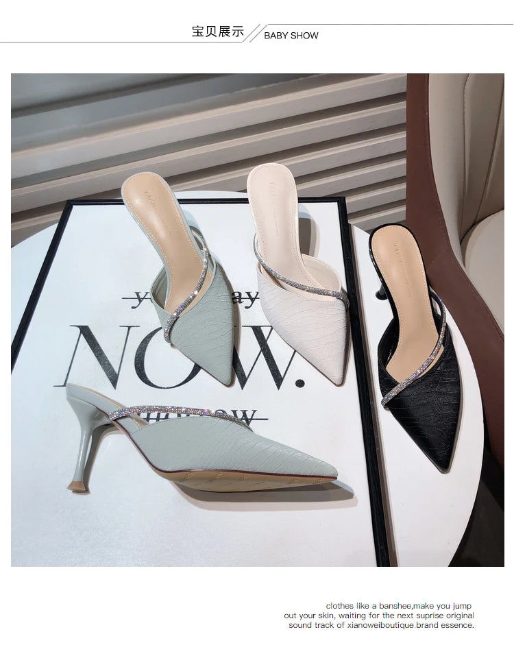 Solid Color Pointed High Heel Slippers 2023 New Style Slim Heel Slippers with Diamond Daily Casual Women's Shoes