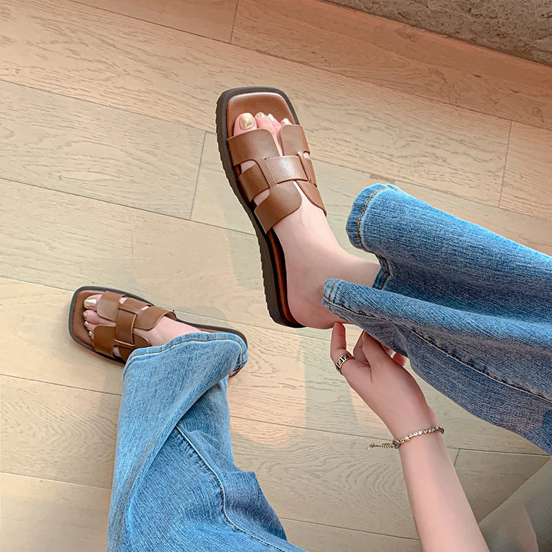 JOZHAMTA Size 34-40 Flats Slippers For Women Real Leather Low Heels Summer Shoes Woman 2023 Rome Slides Casual Platform Sandals