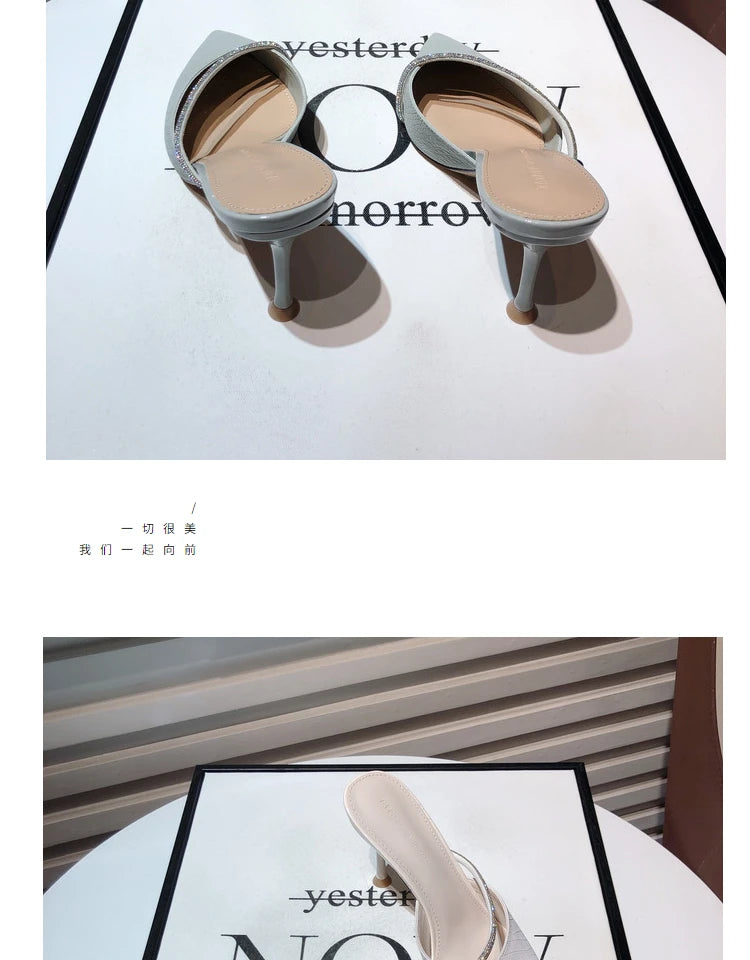 Solid Color Pointed High Heel Slippers 2023 New Style Slim Heel Slippers with Diamond Daily Casual Women's Shoes