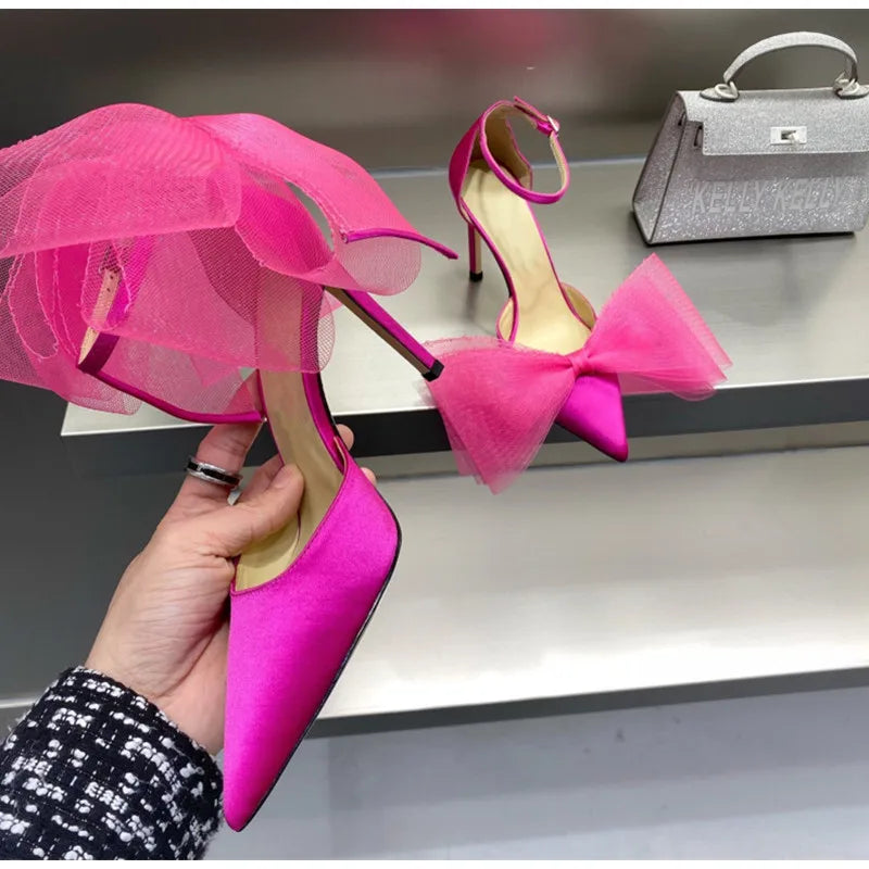 Brand Fashion bowknot Women Pumps Luxury Satin Thin High heels Party Prom Sandals Spring Summer Female Wedding Bridal Shoes