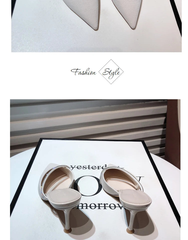 Solid Color Pointed High Heel Slippers 2023 New Style Slim Heel Slippers with Diamond Daily Casual Women's Shoes