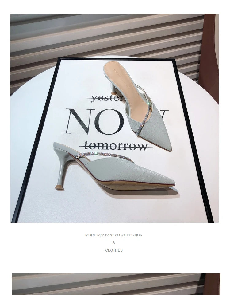 Solid Color Pointed High Heel Slippers 2023 New Style Slim Heel Slippers with Diamond Daily Casual Women's Shoes